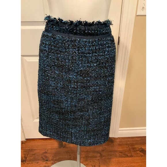 J. McLaughlin Blue Tweed Pencil Skirt W/ Grosgrain Ribbon Trim, Size 10 - Picture 1 of 5